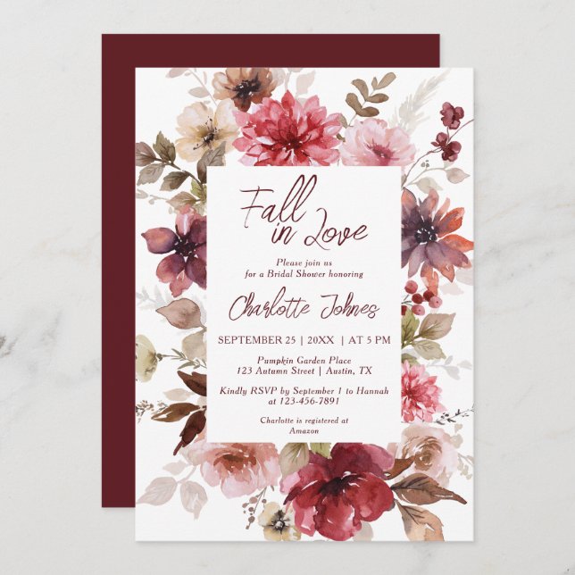 Invitation Chute en amour Maroon Blush Automne Boho Fête des  (Devant / Derrière)