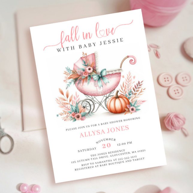 Invitation Chute En Amour Rose Automne Baby shower Floral (Créateur téléchargé)