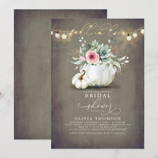 Invitation Chute en amour Succulents Citrouille Fête des mari (Devant / Derrière)