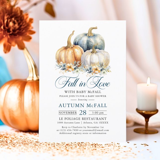 Invitation Chute en Baby shower d'amour Gold Blue Citrouilles (Fall in Love Baby Shower Gold Blue Pumpkins Invitation)