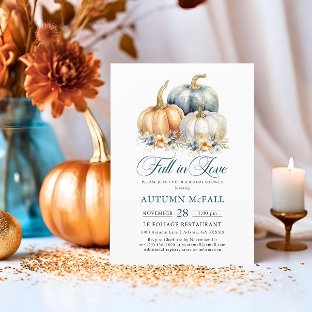 Invitation Chute en Fête des mariées d'amour Gold Blue Citrou (Fall in Love Bridal Shower Gold Blue Pumpkins Invitation)