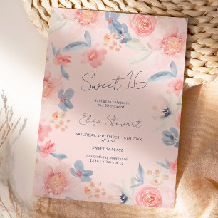 Invitation Chute floral boho rose bleu aquarelle Sweet 16