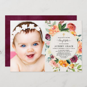 Invitation Chute floral bordeaux roux rousse photo de baptême