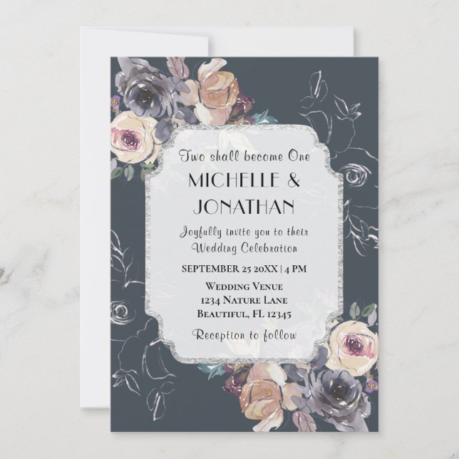 Invitation Chute Floral Crème Gris sur Marine Mariage chrétie (Devant)