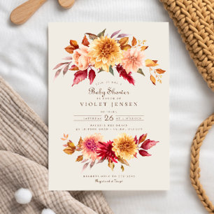 Invitation Chute Floral Golden Scarlet Baby shower Feuille