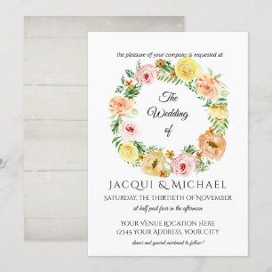 Invitation Chute Floral Jaune n Peach Roses w Folid Wreath