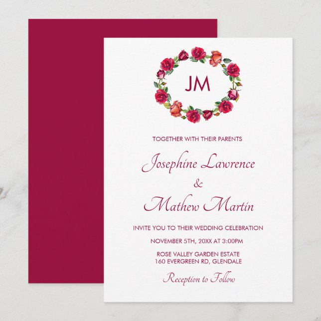 Invitation Chute Floral Rose Mariage de monogramme de couronn (Devant / Derrière)