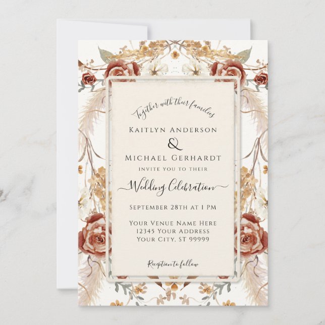 Invitation Chute Floral Rouge moutarde Mariage de feuillage (Devant)