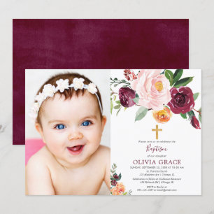 Invitation Chute floral rousse rose bordeaux photo baptême