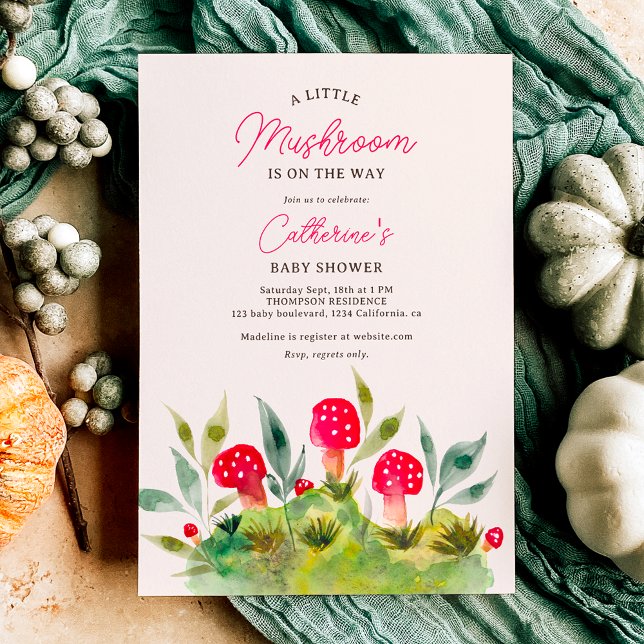 Invitation Chute mignonne aquarelle petit baby shower champig (Cute fall hand painted watercolor little mushroom baby shower invitation)