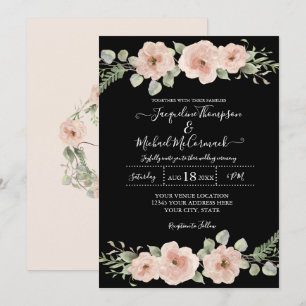Invitation Chute Noir Bleu Aquarelle Florale Rose Mariage