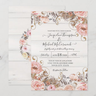 Invitation Chute Noir Blush Rose Aquarelle Florale Rose Or