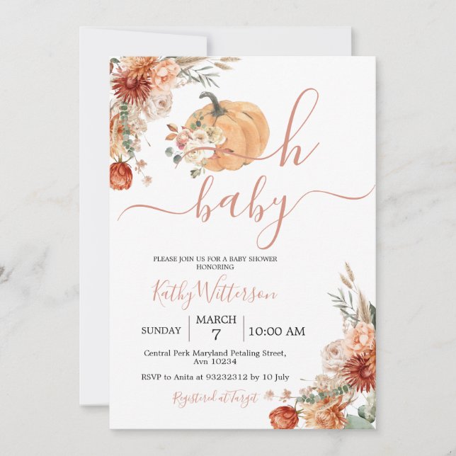 Invitation Chute Oh Baby Citrouille Boho Baby shower Fleur sa (Devant)