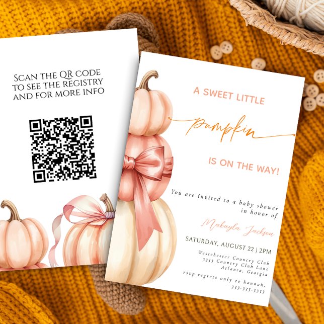 Invitation Chute Pink Bow Petit Baby shower Citrouille QR Cod (Créateur téléchargé)
