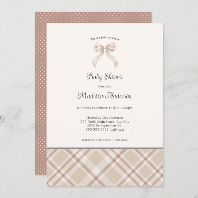 Invitation Chute Plaid Ribbon neutre baby shower genre (Devant / Derrière)