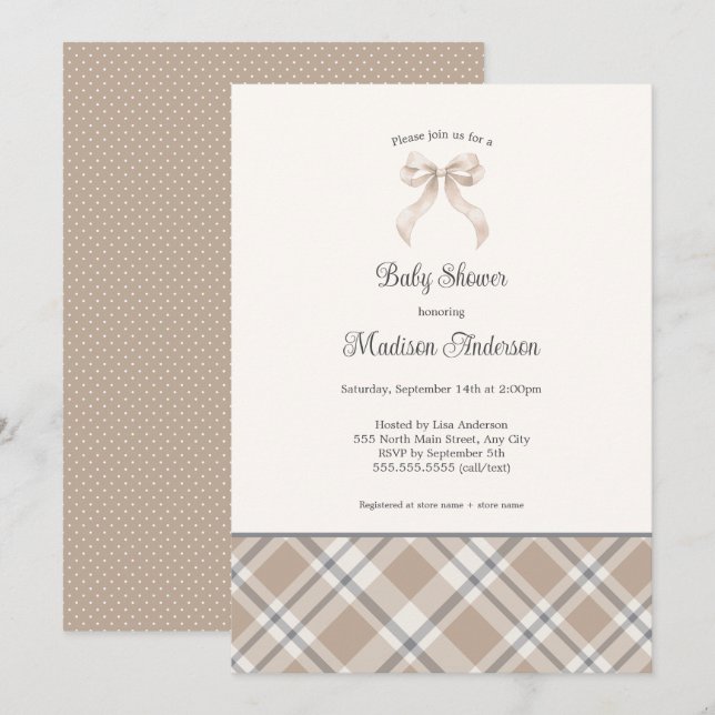 Invitation Chute Plaid Ribbon neutre baby shower genre (Devant / Derrière)