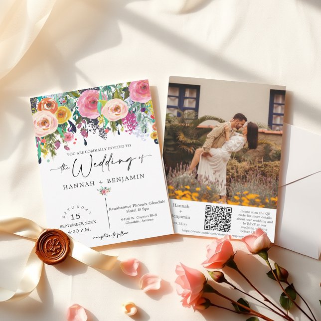 Invitation Chute romantique Flore Mariage Arc Photo QR Code (Créateur téléchargé)