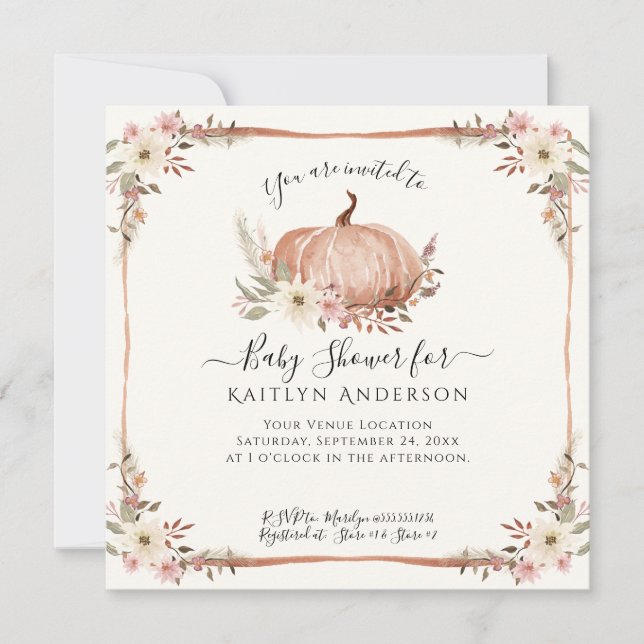 Invitation Chute rose Citrouille Baby shower de fleurs code Q (Devant)