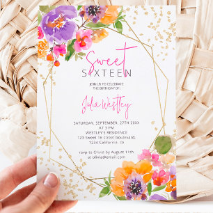 Invitation Chute rose or floral aquarelle photo Sweet 16