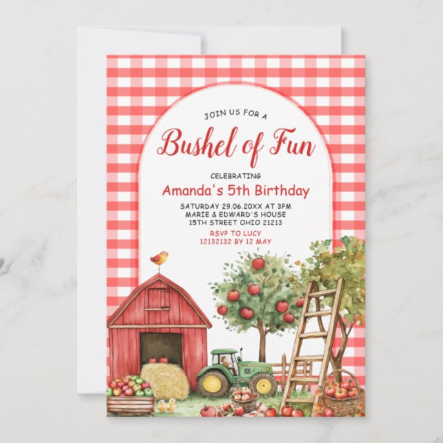 Invitation Chute Rouge En vichy Bushel Fun Anniversaire (Devant)