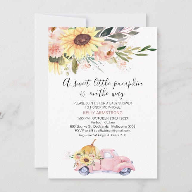 Invitation Chute Sunflower Floral Citrouille Baby shower de c (Devant)