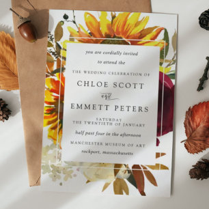 Invitation Chute Sunflowers Bourgogne Rose moderne Mariage