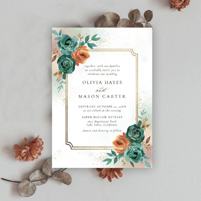 Invitation Chute Turquoise Burange Orange Elegant Gold Frame  (fall wedding invitation teal burnt orange terracotta watercolor floral botanical earthy nature frame)