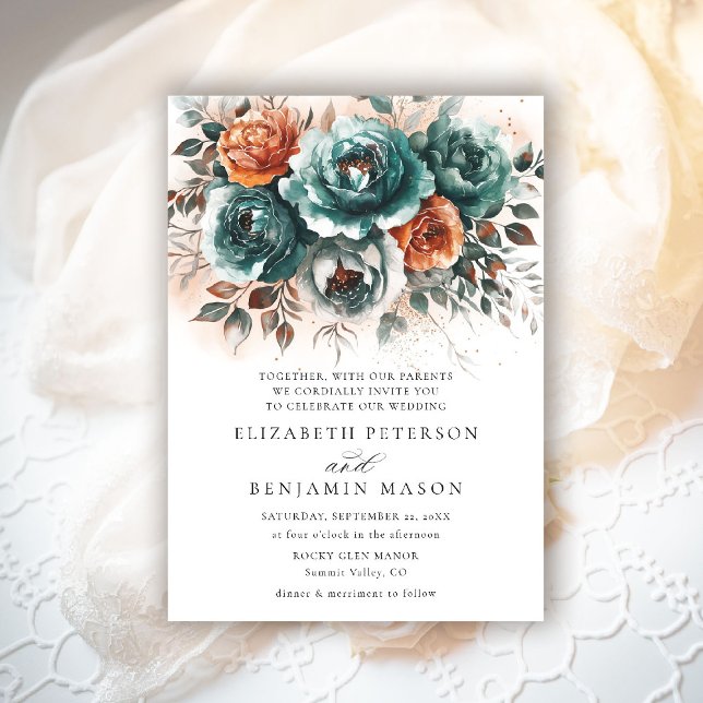 Invitation Chute Turquoise Burange Orange Floral Bouquet Mari (fall wedding invitation teal burnt orange terracotta watercolor whimsical floral elegant rustic chic)