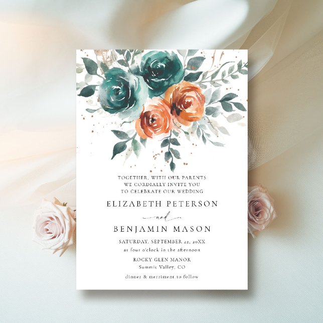 Invitation Chute Turquoise Burange Orange Floral Mariage bohè (fall wedding invitation teal burnt orange terracotta watercolor whimsical floral elegant boho)