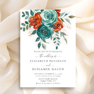 Invitation Chute Turquoise Burnt Orange Floral Élégant Mariag