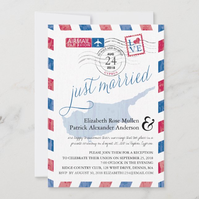 Invitation Chypre Antique Airmail Juste Mariés Réception de M (Devant)