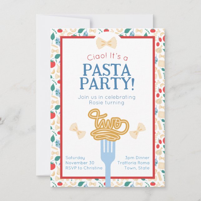 Invitation Ciao 2e anniversaire Pasta Party italien deuxième (Devant)