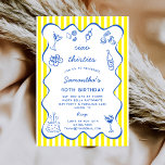 Invitation Ciao 30s Dîner de pâtes italiennes 40e anniversair<br><div class="desc">Dîner de pâtes italiennes Invitation 40e anniversaire - Editable Modèle imprimable pour elle - Bleu, blanc et jaune Dites Ciao 30s! et toast à 40 en style avec cette invitation de fête de 40e anniversaire sur le thème italien. Conçu pour les amateurs de pâtes et de vin, cet invitation d'anniversaire...</div>