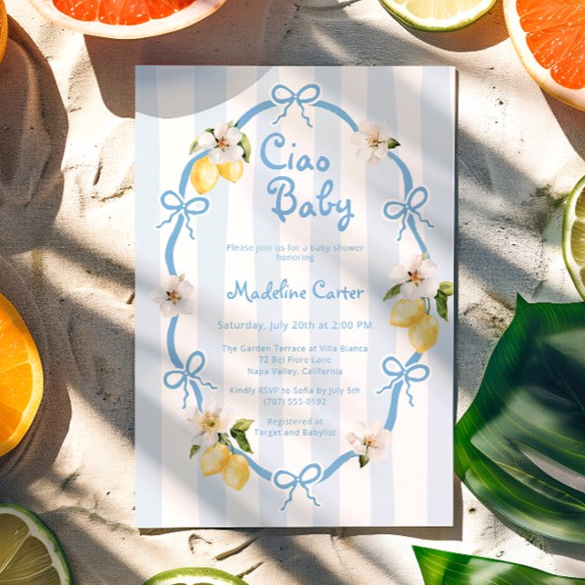 Invitation Ciao Baby Baby shower italien citron bleu vaches (Créateur téléchargé)