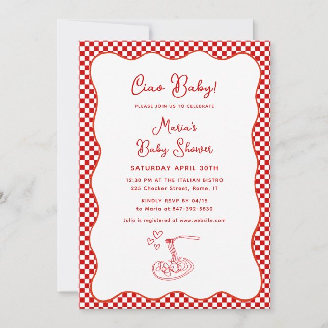 Invitation Ciao Baby ! Baby shower italien Red À damiers Past (Devant)