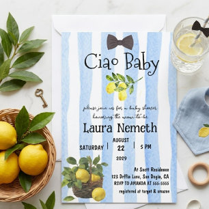 Invitation Ciao Baby Bandes Bleues Garçon Citron Fête Prénata