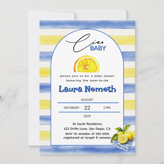 Invitation Ciao Baby Bleu & Jaune Rayures Fête de Naissance d (Devant)