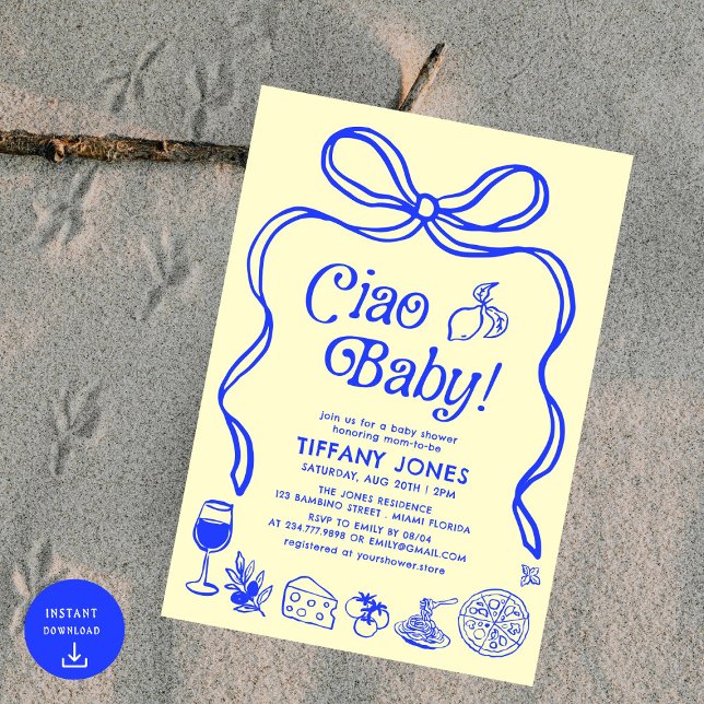 Invitation Ciao Baby Blue Jaune Citron Italien Baby shower (Créateur téléchargé)
