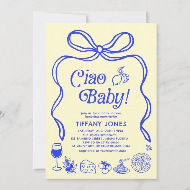 Invitation Ciao Baby Blue Jaune Citron Italien Baby shower (Devant)