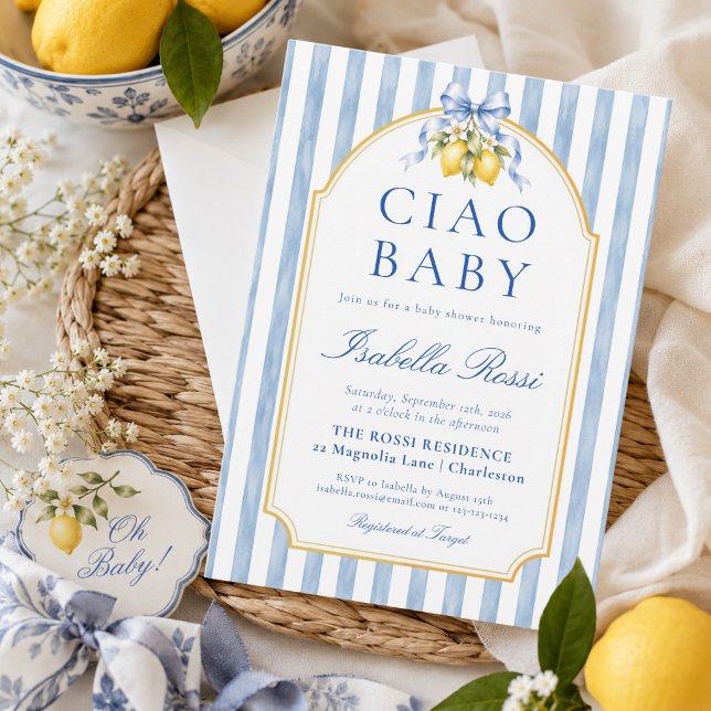 Invitation Ciao Baby Blue Rayures Italien Citron (Créateur téléchargé)