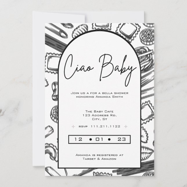 Invitation "Ciao Baby" Cuisine pour un bébé Pâtes italiennes (Devant)