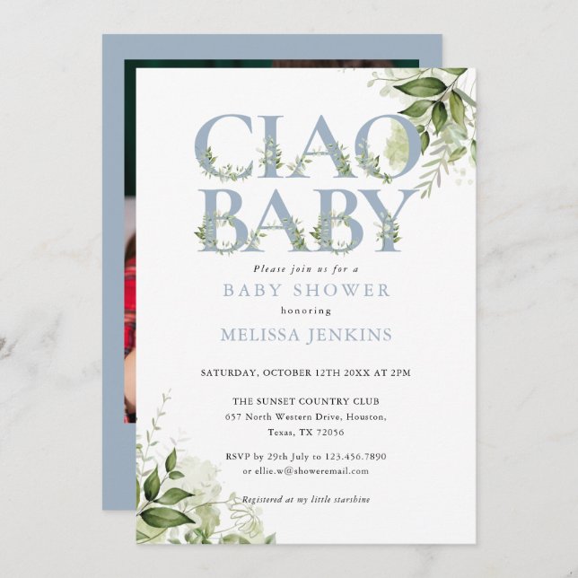 Invitation Ciao Baby Dusty Blue Greenery Baby shower photo (Devant / Derrière)
