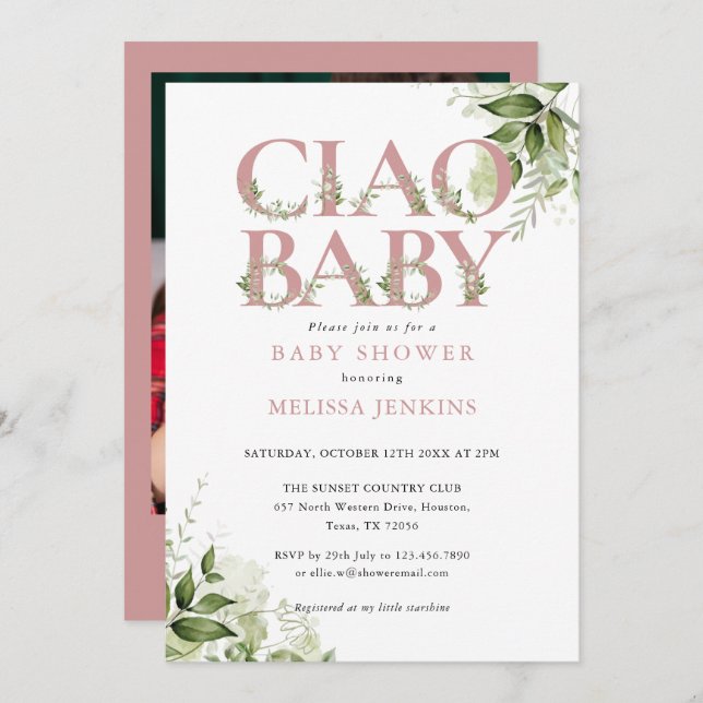 Invitation Ciao Baby Dusty Rose Baby shower photo (Devant / Derrière)