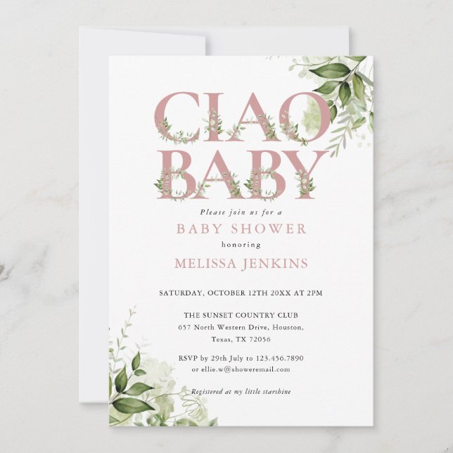 Invitation Ciao Baby Dusty Rose Baby shower vert rose (Devant)