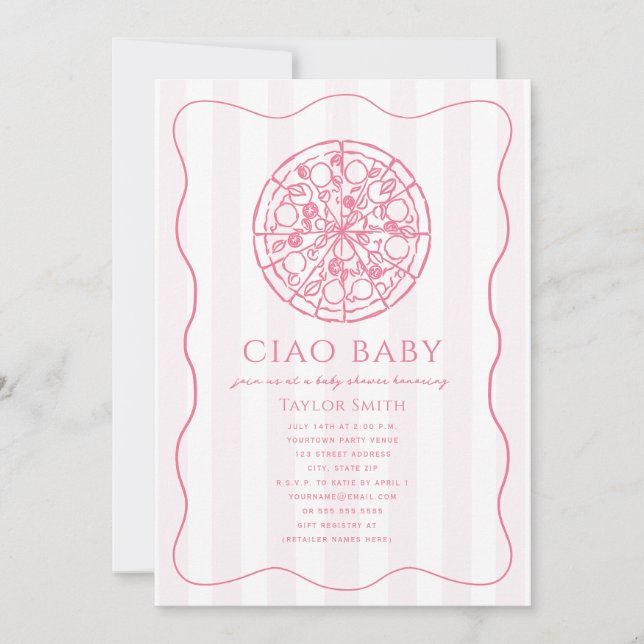 Invitation Ciao Baby Fille Rose Pizza Fête de Naissance (Devant)