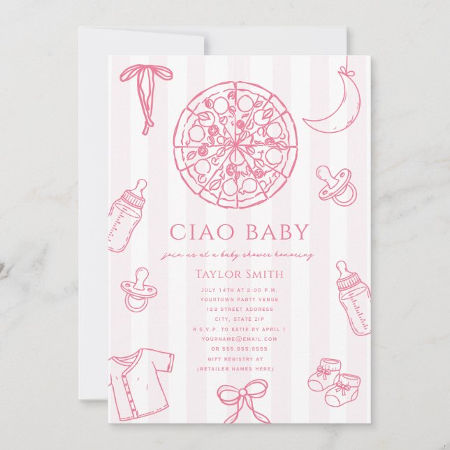 Invitation Ciao Baby Fille Rose Pizza Fête de Naissance (Devant)