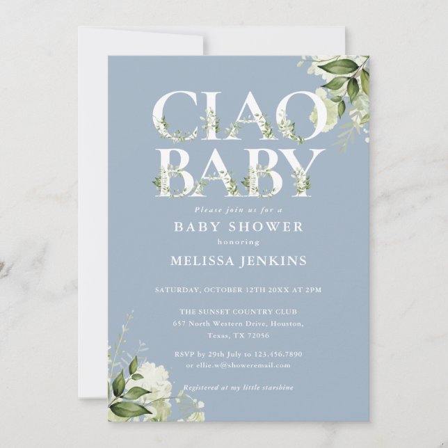 Invitation Ciao Baby Floral Tout En Un Baby shower Bleu Duisy (Devant)