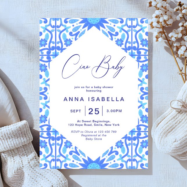 Invitation Ciao Baby Italien Carrelage Bleu Baby shower minim (Créateur téléchargé)