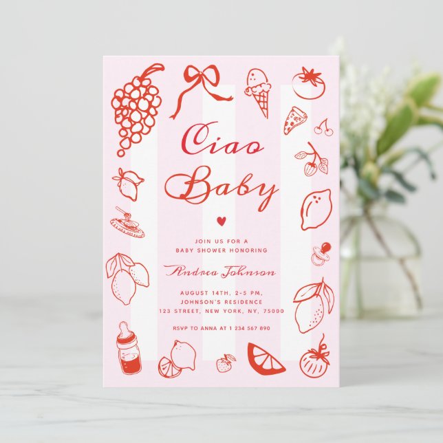 Invitation Ciao Baby Italien main tiré Baby shower citron (Debout devant)