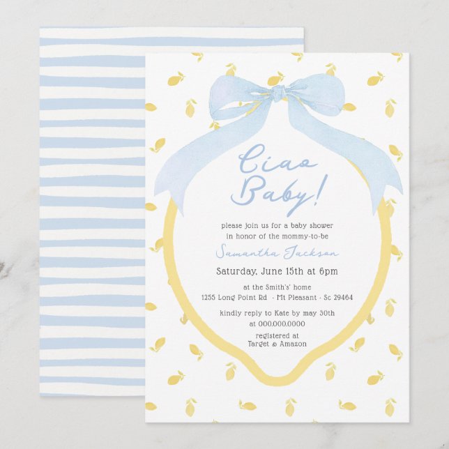 Invitation Ciao Baby Lemon & Blue Bow Boy Baby shower (Devant / Derrière)